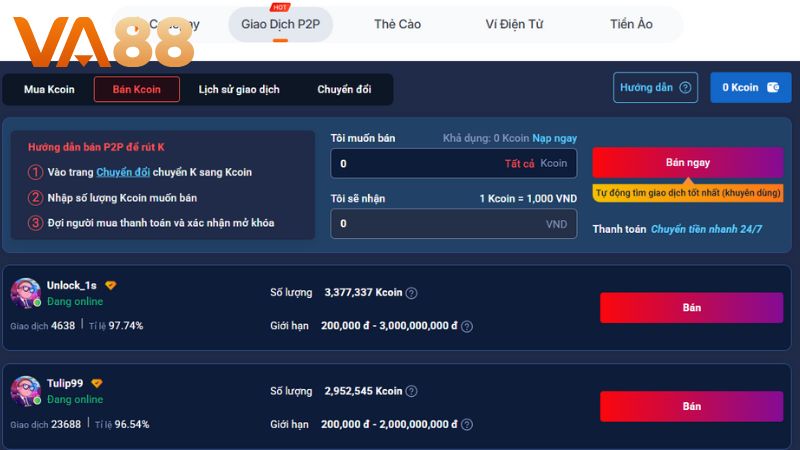 Hướng dẫn giao dịch P2P tại nhà cái VA88